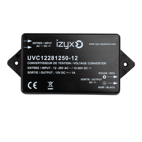 Convertisseur de tension : In 12-24V AC ou 12-50V DC / Out 12V DC 1A