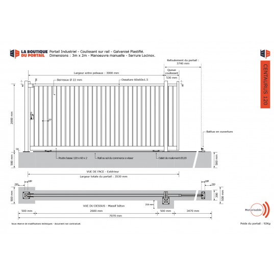 Portail Industriel Coulissant Galvanisé Plastifié L3000 H2000 CENTAURUS120 Manuel Barreaudé