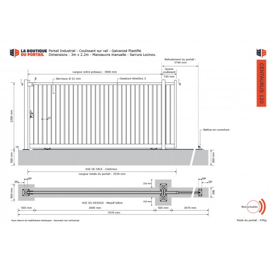 Portail Industriel Coulissant Galvanisé Plastifié L3000 H2200 CENTAURUS120 Manuel Barreaudé