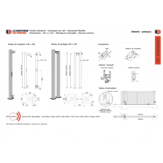 Portail Industriel Coulissant Galvanisé Plastifié L6000 H2200 CENTAURUS120 Manuel Barreaudé