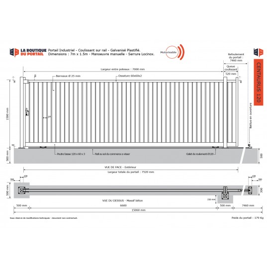 Portail Industriel Coulissant Galvanisé Plastifié L7000 H1500 CENTAURUS120 Manuel Barreaudé