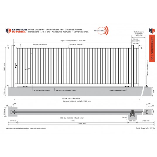 Portail Industriel Coulissant Galvanisé Plastifié L7000 H2000 CENTAURUS120 Manuel Barreaudé