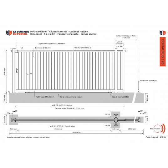Portail Industriel Coulissant Galvanisé Plastifié L5000 H2500 CENTAURUS120 Manuel Barreaudé