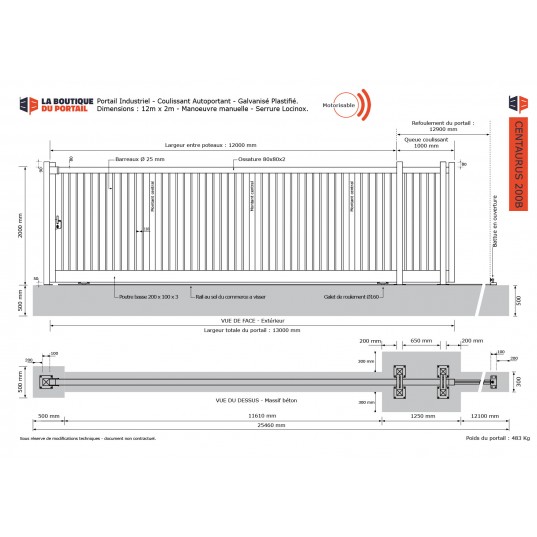 Portail Industriel Coulissant Galvanisé Plastifié L12000 H2000 CENTAURUS200 Manuel Barreaudé