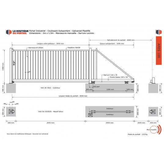 Portail Industriel Autoportant Galvanisé Plastifié L6000 H1500 ARES100 Manuel Barreaudé