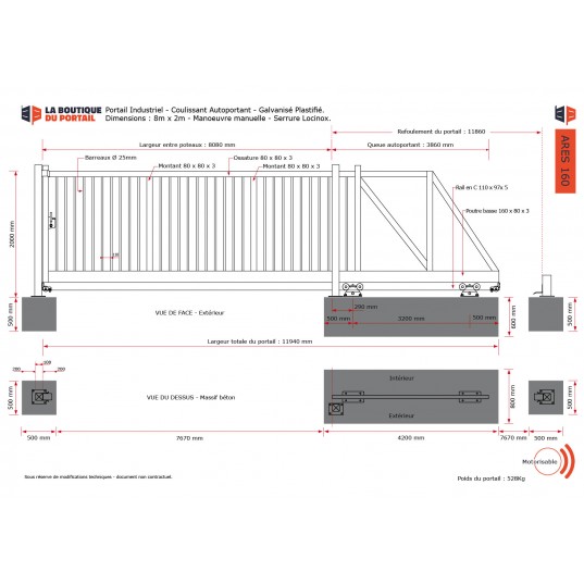Portail Industriel Autoportant Galvanisé Plastifié L8000 H2000 ARES160 Manuel Barreaudé