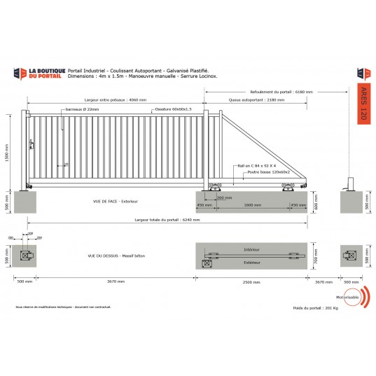 Portail Industriel Autoportant Galvanisé Plastifié L4000 H2500 ARES120 Manuel Barreaudé